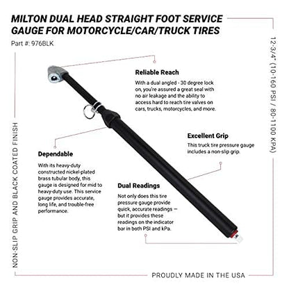 Milton 976BKL Dual Head Angled Chuck Tire Pressure Service Gauge, Non-Slip Grip Matte Black Poly Finish -13” 1-160 PSI For Large Vehicle Tires