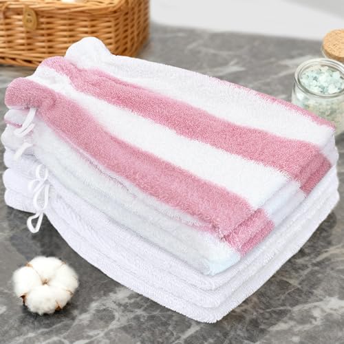 VOOVA & MOVAS 6-Pack Bath Mitts for Shower, 100% Cotton Soft Absorbent Wash Cloths with Hanging Loop, 8.3x6.3 Inch European Style Bathing Gloves for Body & Spa, Pink Stripe & White - color: Pink Stripe&white