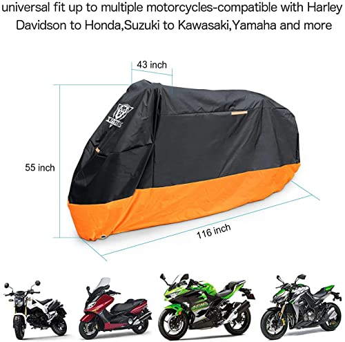 XYZCTEM Motorcycle Cover – All Season Waterproof Outdoor Protection – Fit up to 116 inch Tour Bikes, Choppers and Cruisers – Protect Against Dust, Debris, Rain and Weather(XXXL,Black& Orange) - size: 116"