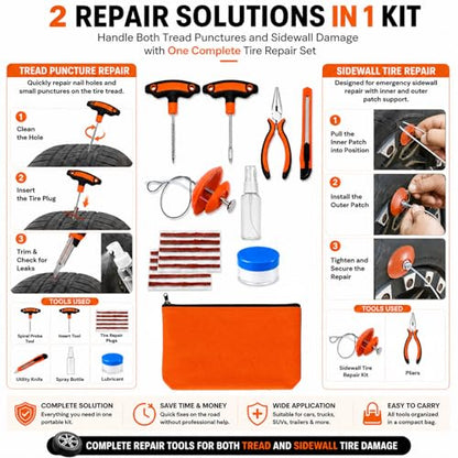 Flat Tire Repair Kit with Plugs 18 Pcs,Heavy Duty Sidewall Tire Repair Patch Tool Kit for Car,Motorcycle,ATV,UTV,SXS,Truck,Tractor,Parches para Llantas De Carro