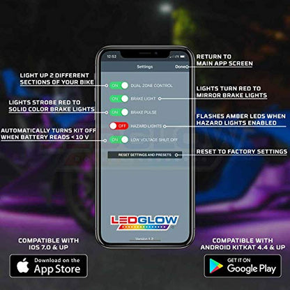 LEDGlow 20pc Bluetooth Advanced Million Color LED Neon Underlow Lighting Kit Fits Polaris Slingshot - Motorcycle Smartphone App - Automatic Brake Lights - Waterproof Control Box - Flexible Strips