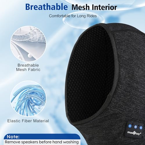 MUSICOZY Bluetooth 5.4 Balaclava Headphones for Cycling Motorcycle Running, Breathable Helmet Liner Cap with Built-in Ultra-Thin Speakers, Wireless Sports Face Mask for Outdoor Riding Travel Black