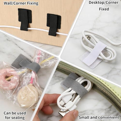 60PCS Hook and Loop Cable Straps, Self Adhesive Cable Clips, Reusable Hook and Loop Cables Ties for Cord Management, Adjustable Cables Organizers for Home & Office, Gray Black White
