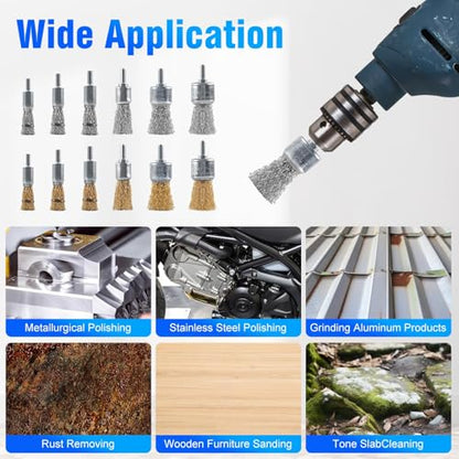 Rocaris 36 Pcs Wire End Brush for Drill with 1/4-Inch Shank, 6 Sizes Brass Coated & Carbon Steel Wire Drill Brush Set for Removal of Rust Corrosion Paint