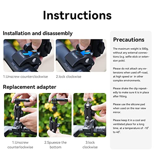 TELESIN Camera Clamp Mount Bike Motorcycle Handlebar Mounts Accessories,360 Ball Joint Tube Roll Bar Holder Clip for GoPro Mission 1 PRO/DJI Osmo Pocket 4/ Action 6 5 4/ Insta360 Luna Ultra/Xtra Muse