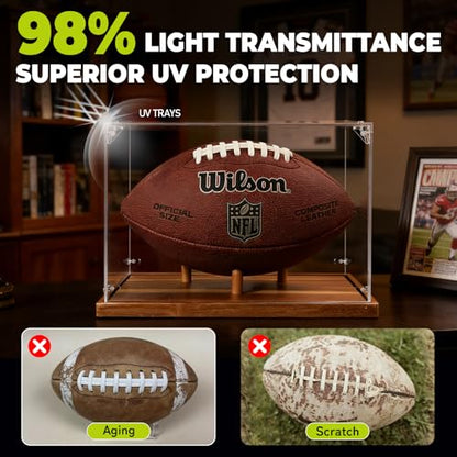 Football Display Case Full Size, Acrylic Clear Box with Wood Stand, UV Protected Memorabilia Holder, for Football Fans & Collectors, Sports Collectibles - size: 13.9ln×8.9ln×1.5ln