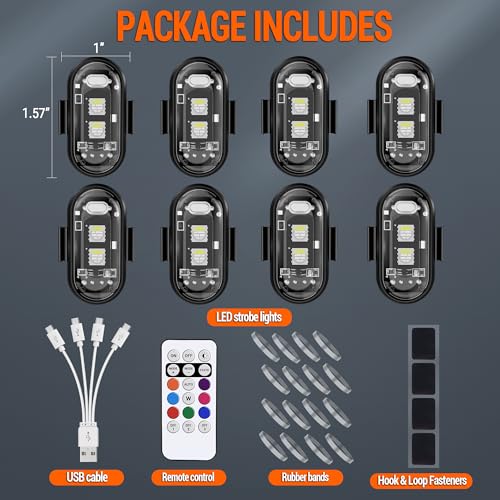 Wireless LED Strobe Lights with Remote Control, 8 Colors USB Charing Waterproof Anti-Collision Flashing Emergency Warning Lights for Car Motorcycle Drone Aircraft Bike 8PCS - color: 8pods