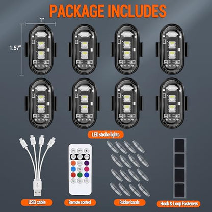 Wireless LED Strobe Lights with Remote Control, 8 Colors USB Charing Waterproof Anti-Collision Flashing Emergency Warning Lights for Car Motorcycle Drone Aircraft Bike 8PCS - color: 8pods