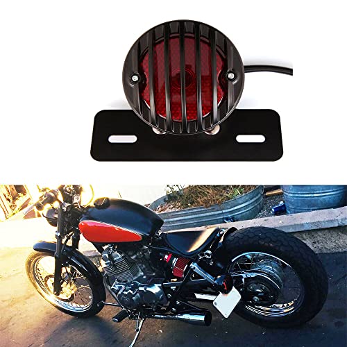 Motorcycle Black Grille Ribbed Round LED Tail Brake Light Red Lens For Integrated License Plate Lamp Fit Bobber Chopper Cruiser Street Bike - color: Black 5