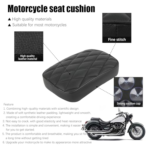 Motorcycle Pillion Passenger Pad Seat, Black Rhombus Pattern Leather Pillion Pad w/ 8 Suction Cup Rear Passenger Seat Compatible with Harley Custom Bikes and More - size: Rhombus Pattern