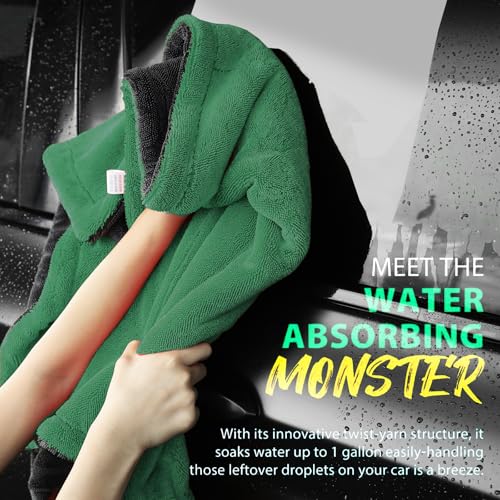Extra Large Car Drying Towel, 36 Inches, 1300gsm,Super Absorbent Polyamide, Double-Twisted Design (Green and Grey) - color: Green and Grey