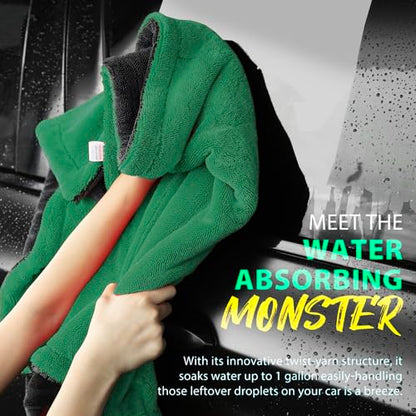 Extra Large Car Drying Towel, 36 Inches, 1300gsm,Super Absorbent Polyamide, Double-Twisted Design (Green and Grey) - color: Green and Grey