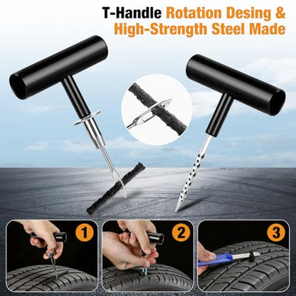 63PCS Flat Tire Repair Kit, Tubeless Tire Repair Kit, Tire Plug Kit Heavy Duty Professional, Emergency Tire Fix Tool for Car, Motorcycle, ATV, Tractor, RV, Truck