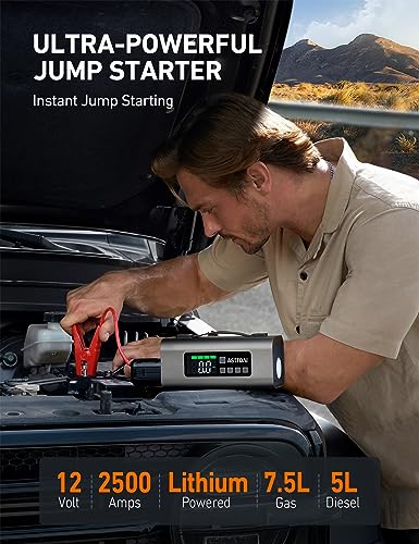 AstroAI 2500A Portable Car Battery Jump Starter with 150PSI Air Compressor 30W Quick Charger, 14800mAh Jump Box (7.5L Gas & 5.0L Diesel) 12V Jump Box with Booster, LED Light, Jumper Cables - color: Grey