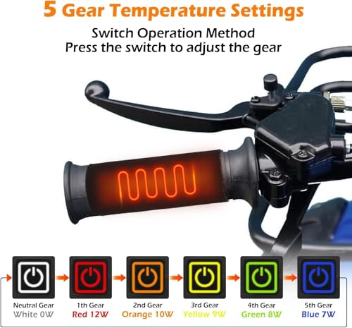 TECTICO 12V Motorcycle Heated Grip Covers,IP67 Waterproof, USB Powered 5 Temperature Settings,Universal for 12V ATV Motorcycle Hand Grip with Temperature Adjustable & Fast Heating