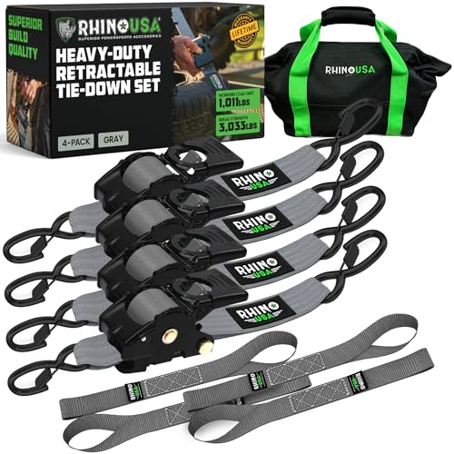 Rhino USA Retractable Ratchet Straps (4-Pack) - 2 Inch x 10 Feet (3,033lb Break Strength) - Heavy Duty Auto Self Retracting Tie Down Straps for Truck, Cargo Trailer, Motorcycle, Rad & More - Gray - color: Gray, size: 4PK