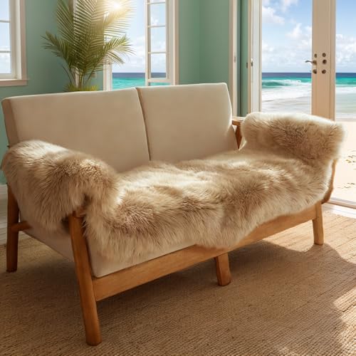 Fluffy Patchwork Sheepskin Rug with Little Patches, Fuzzy Shaggy Fur Genuine Wool Area Carpet for Bedroom Living Room Floor, Pray Pup Mat, Chair Sofa Seat Cover, Light Brown, 2' x 6' - color: Light Brown, size: 2' x 6' ((Double Pelt) Patchwork)