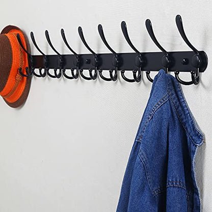 Dseap Coat Rack Wall Mount - 38” Long 10-Tri-Hooks Heavy Duty Coat Hanger Rail Wall Hooks for Hanging Coats Hats Clothing Clothes Purse Mudroom Entryway, Black, Pack of 2 - color: Black, size: L=38” (2 Pcs)