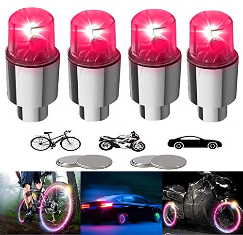 4 Pieces LED Bike Wheel Lights Car Tire Valve Stems Caps Bicycle Motorcycle Waterproof Tyre Spoke Flash Lights Cool Reflector Accessories for Kids Men Women(Red) - color: Red