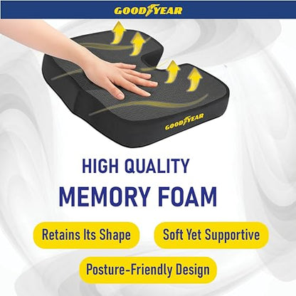 Goodyear Memory Foam Seat Cushion for Car & Office Chair – Tailbone Pain Relief, Cooling Pillow, Ergonomic Posture Corrector, Car Accessories & Home Office Essentials