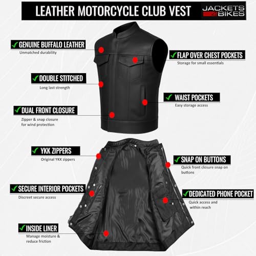 Jackets 4 Bikes Men’s SOA Motorcycle Vest – Premium Buffalo Leather, Multiple Pockets Club Style Biker Vest - All Seasons - size: Medium