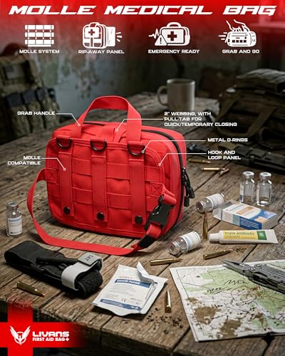 LIVANS Tactical Molle Medical Pouch - Upgraded Size, Large Capacity IFAK Pouch with Detachable Quick Release and Headrest Mount, Includes Flag and Cross Patch - color: Red