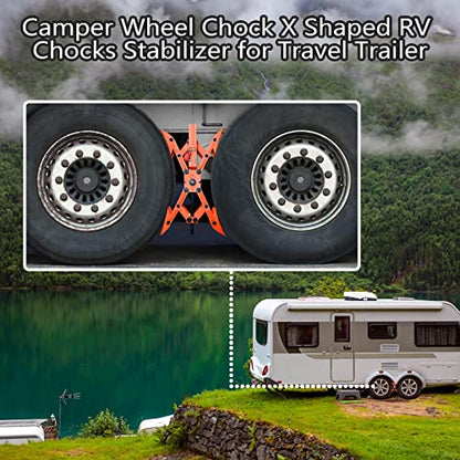 Camper X-Shaped Wheel Chock Stabilizer, 2 Sets RV Stabilizer Wheel Chock Scissor, X Chocks Wheel Stabilizer for Travel Trailer Tires Allow Drill Adjust with Hex Socket, Tool Kit and Password Locks-Red - color: red
