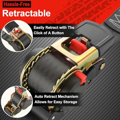 2 Pack 2 Inch Retractable Ratchet Straps Heavy Duty 15ft Self Retracting Tie Down Straps with S Hook, 3310 LBS Break Strength, AutoRetract Ratchet Straps for Motorcycle, Kayak, ATVs, Boats
