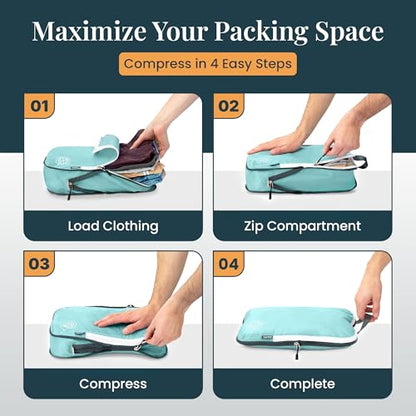 Extra Large Compression Packing Cube 6 Piece Set for Travel and Check Luggage by TRIPPED Travel Gear - color: Teal and White
