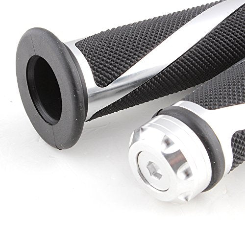 Pair of 7/8" 22mm Motorcycle CNC Aluminum Rubber Gel Hand Grips Handlebar for Sports Bike Chopper Cruiser Bike - color: Silver with Bar End