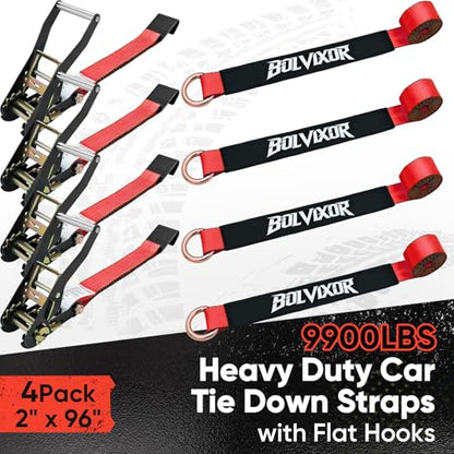 4 Pack Car Tie Down Straps for Trailers - 2" x 96" - 9900LBS Break Strength - Heavy Duty Tire Ratchet Straps with Flat Hooks for Hauling UTV, SUV, Truck, Any Cars - color: Red