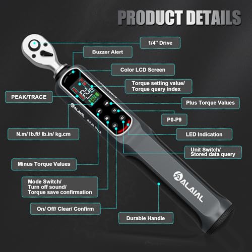 Digital Torque Wrench 0.4-22.1 Ft.Lb/0.5-30 Nm, 1/4 Drive Dual Direction Rachet Torque Wrench with Vibration, Buzzer and LED Alert, Electronic Torque Wrench for Bike Motorcycle Car Repair - size: 0.4-22.1 Ft.Lb/0.5-30 Nm-V
