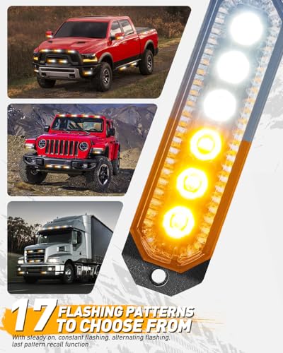 HLauto 406T Emergency Strobe Grille Lights: 4Pcs 6 LED Sync Feature Safety Warning Flashing Light, 12V-24V Ultra Slim Surface Mount Hazard Caution Light for Truck, Vehicle, Car, ATV, UTV (Amber White) - color: Amber/White