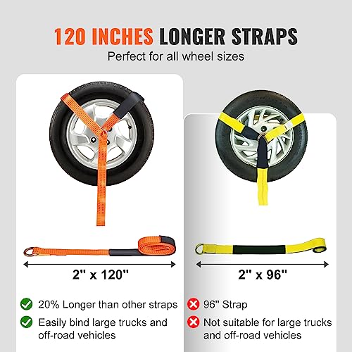 VEVOR Car Tie Down with Chain Anchors, Lasso Style 2"×120" Tire Straps, 5865 LBS Working Load, 11023 LBS Breaking Strength, with Heavy Duty Ratchets for Passenger Car, ATV, SUV, UTV, Truck, 4-Pack - style: Lasso-Style with Heavy Duty Hook