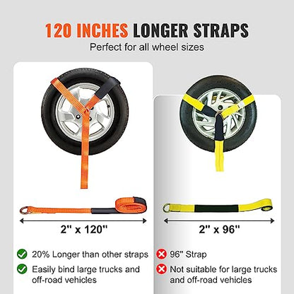 VEVOR Car Tie Down with Chain Anchors, Lasso Style 2"×120" Tire Straps, 5865 LBS Working Load, 11023 LBS Breaking Strength, with Heavy Duty Ratchets for Passenger Car, ATV, SUV, UTV, Truck, 4-Pack - style: Lasso-Style with Heavy Duty Hook