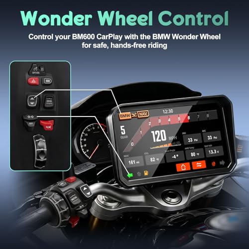 LBW 6" Motorcycle CarPlay GPS Navigation Fit for BMW with Wonder Wheel, Wireless Bluetooth, 1200 Nits Waterproof HD Touch Screen, Plug&Play, Support Voice Control, TPMS/Light Sensor/Siri, Android Auto - size: BM 6"+Native control+Lossless Installation