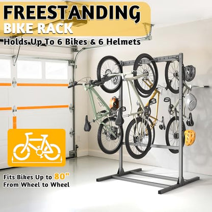 Ultrawall Freestanding Bike Stand, Vertical Bike Storage Stand Rack for Garage, Indoor Bicycle Organizer with Adjustable Hooks, Holds Up to 6 Bikes & 6 Helmets - style: Holds 6 Bikes & 6 Helmets