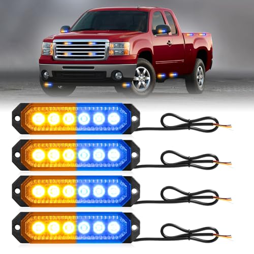 HLauto 406T Emergency Strobe Grille Lights: 4Pcs 6 LED Sync Feature Safety Warning Flashing Light, 12V-24V Ultra Slim Surface Mount Hazard Caution Light for Truck, Vehicle, Car, ATV, UTV (Amber Blue) - color: Amber/Blue
