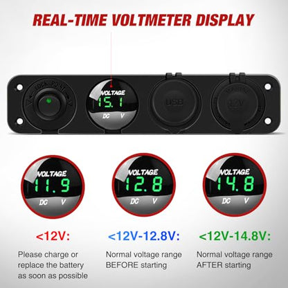Nilight 4 in 1 ON Off Charger Panel Dual USB Power Outlet Green LED Voltmeter and Cigarette Lighter Outlet LED Lighted On-Off Rocker Toggle Switch for Truck Car Marine Boats RV - color: Green
