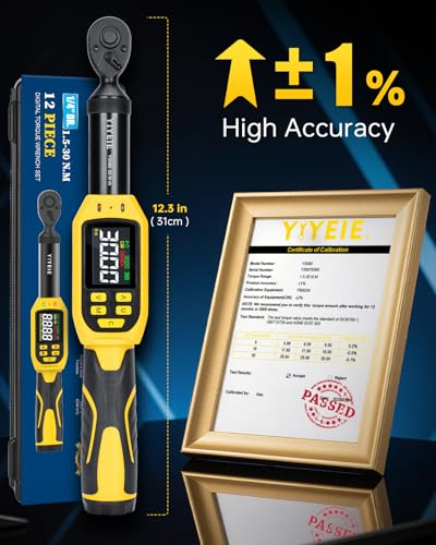 YIYEIE 1/4" Digital Torque Wrench Set | 13.5-265 in-lb | ±1% Accuracy | Deep-Reach Head | Smart Alert Multi | 12PC Bike Torque Wrench Digital for MTB/Motorcycle, with Sockets & Adapters - size: 12PCS, style: 1/4-Inch (13.5-265 in.lb)