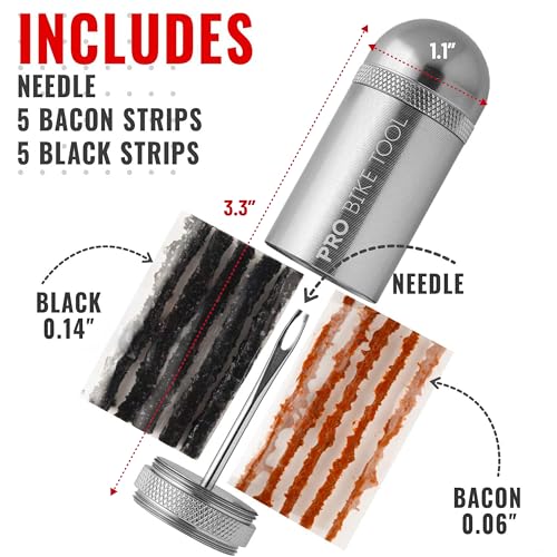 PRO Bike Tool Tubeless Bike Tyre Repair Kit – for MTB and Road Bicycle Tyres – Fix a Puncture or Flat, Fast – Tackle Set Includes Storage Canister, Plugger Tool and Plugs - color: Titanium