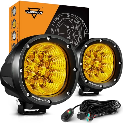 Auxbeam P4 Series Amber Round Fog Lamps 4-Inch 90W Flood Light Pods | Yellow driving lights for rain dust snow, 4x4 ATV Jeep truck motorcycle ditch lights, LED offroad light bar 2-pack - color: P4 Series Amber Flood Lights