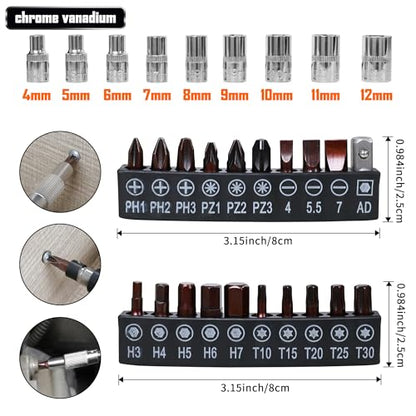 39-Piece Flexible Drill Bit Extension Set with 105° Right Angle Adapter, Metric Sockets, Magnetic Bit Holders, Storage Case