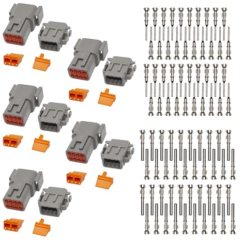 Deutsch DTM Grey 8 Pin Connectors 5 Sets, Waterproof Electrical Wire Connector with Stamped Contacts and Seal Plug for Truck, Off-Road Vehicles, Construction, Agriculture, Marine, Motorcycle Wiring - size: 8Pin-5 Set