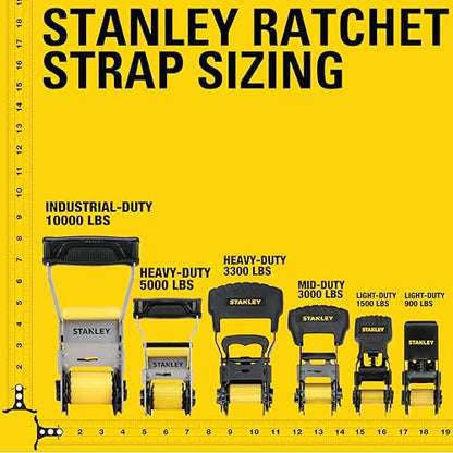 STANLEY S9500 Black/Yellow 1" x 10' Ratchet Straps - Light Cargo (300 lb Working Load / 900 lb Break Strength), 4 Pack - size: 1" x 10'