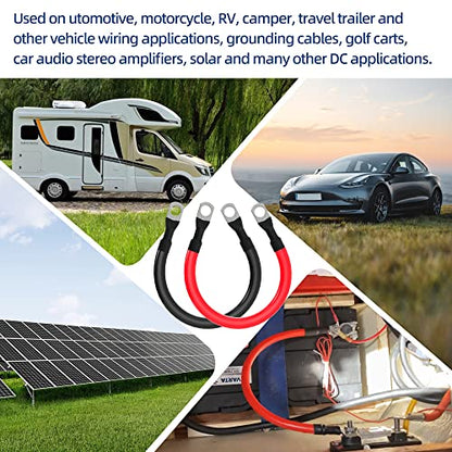 4 AWG Battery Cable 4AWG Gauge Pure Copper Battery Inverter Cables with 3/8 in Lugs Both Ends Power Inverter Wire Set for Automotive Solar Marine Boat RV Car Motorcycle Red and Black (9in) - size: 9in