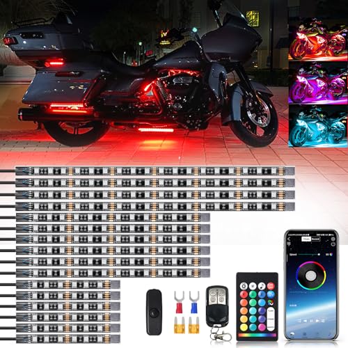 16PCS Segmented Motorcycle RGB LED Light Kits with Brake Turn Signal, Underglow Lights with APP/Dual Remote, Multicolor 12v Waterproof Underbody Neon Strips Lights for Harley Yamaha Suzuki - size: 16PCS