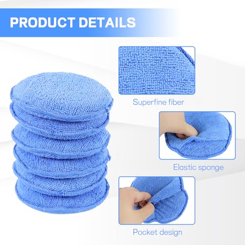 Hovom 6PCS Microfiber Wax Applicator, 5" Round Applicator Pads, Soft Automotive Waxing Foam Pads, Buffing Pads for Car Cleaning, Polishing and Detailing, Reusable Car Wash Sponge (Blue) - color: Blue