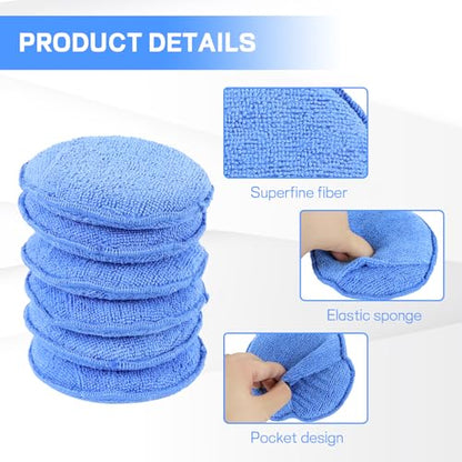 Hovom 6PCS Microfiber Wax Applicator, 5" Round Applicator Pads, Soft Automotive Waxing Foam Pads, Buffing Pads for Car Cleaning, Polishing and Detailing, Reusable Car Wash Sponge (Blue) - color: Blue