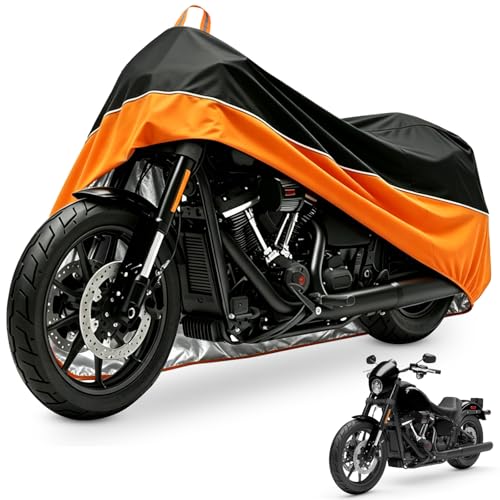 Motorcycle Cover All Season Waterproof Sun Outdoor Protection, Fits up to 104" Motorcycle Powersports Vehicle Covers, Black and Orange (Lockholes & Storage Bag) - color: Black/Orange, size: 104''